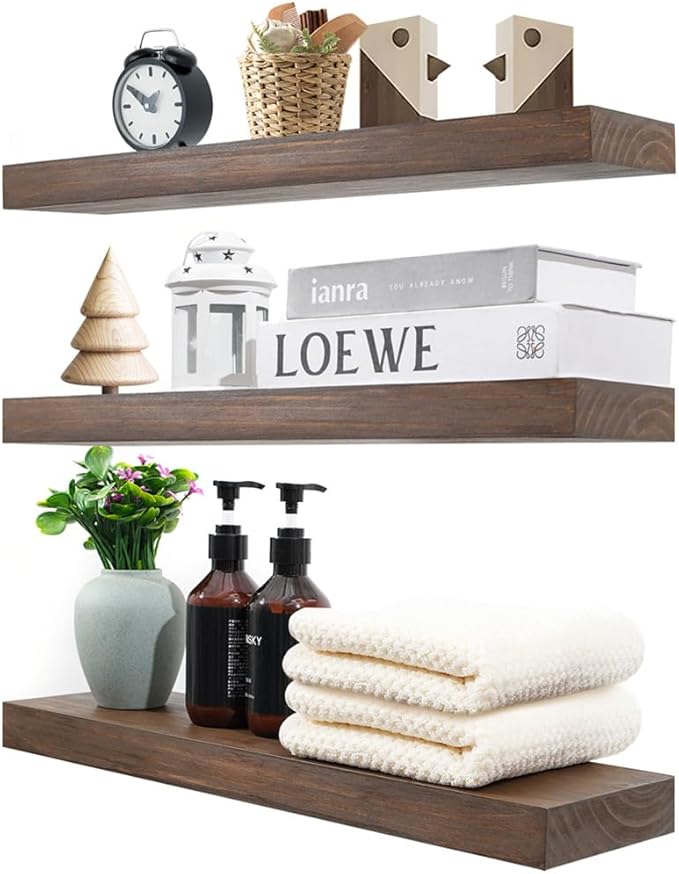 Wood Floating Shelves for Wall Set of 3, 22 Inch Rustic Floating Shelf Wall Mount, Solid Wooden Bathroom Floating Shelves for