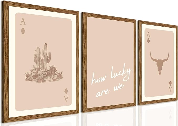 Western Wall Art Set of 3, Vintage Southwestern Cowboy Playing Card Wall Decor Painting, Longhorn Bull Skull and How Lucky Ar