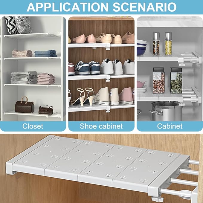 Closet Tension Shelf Rod Expandable Shelf, Adjustable Metal Storage Rack, DIY Organizer Divider Separator for Cabinet Wardrob