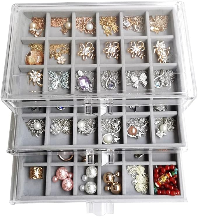 YUFONG Earring Organizer Box Acrylic Jewelry Organizer with 3 Drawers 54 Adjustable Grids Clear Stackable Earring Holder Velv