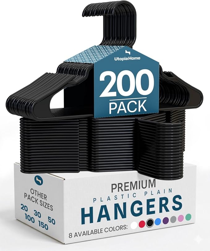 Utopia Home Plastic Hangers 200 Pack - Perfect Space Saving Clothes Hanger - Durable and Strong - Perfect Closet Organizers w
