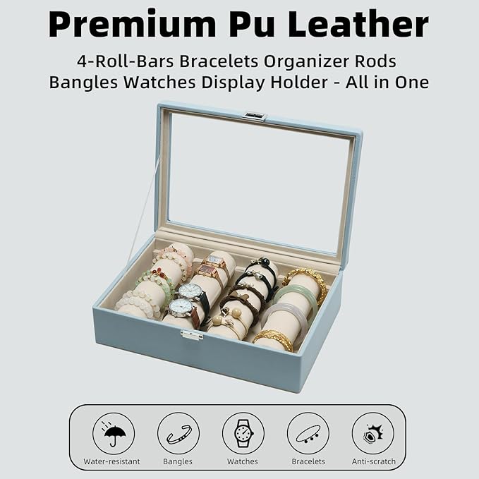 Bracelets Organizer Rods Bangles Display Holder, Clear See through Lid Leather Velvet Jewelry Storage Box Case for Women, 4 R