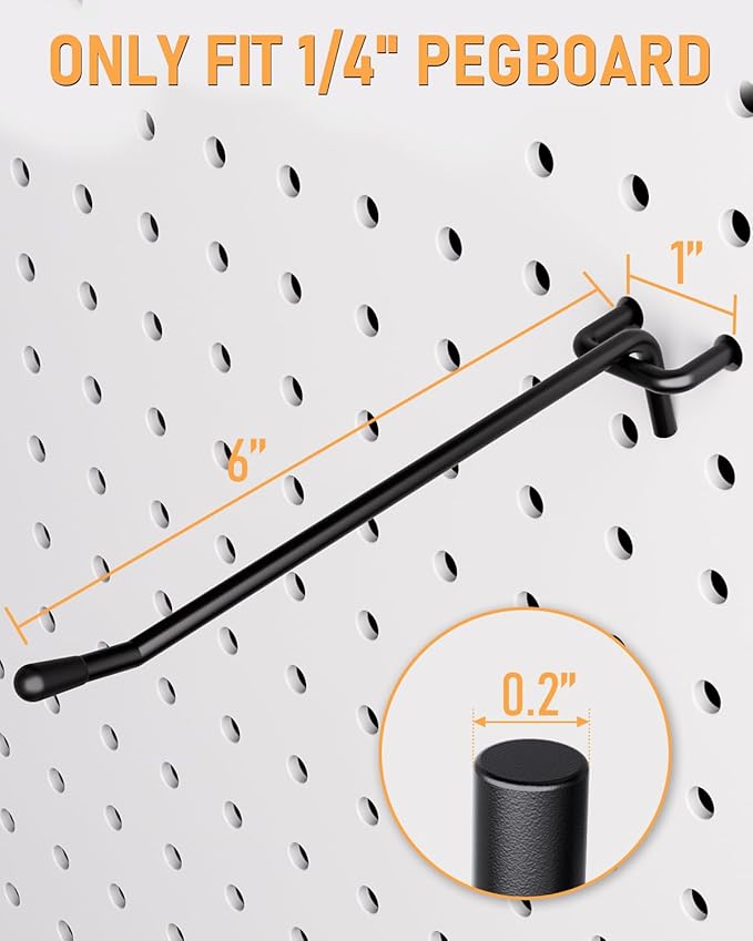 INCLY 60 Pack 6 Inch Black Pegboard Hooks, 1/4" Heavy Duty Peg Board Shelving Hooks Accessories, Peg Board Tool Hangers Only 