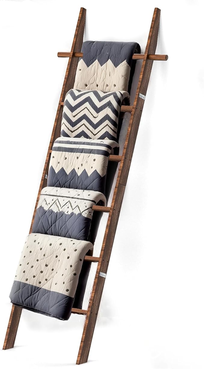 Farmhouse Wooden Blanket Ladder with Removable Hooks, 6-Tier Rustic Blanket Rack Decorative Stand, Leaning Towel Quilt Rack H