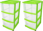 HOMZ 2-Pack Drawer Tower, 3-Tier Clear Plastic Storage Organizer Cart, Bold Lime Frame - Organizing Containers with Wheels fo