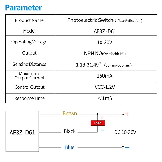 Micro Photoelectric Sensor Switch NPN NO+NC,DC10-30V,Distance:80cm/31.52'', AE3Z-D61,Reflective photovoltaic Sensor,Garage Pa