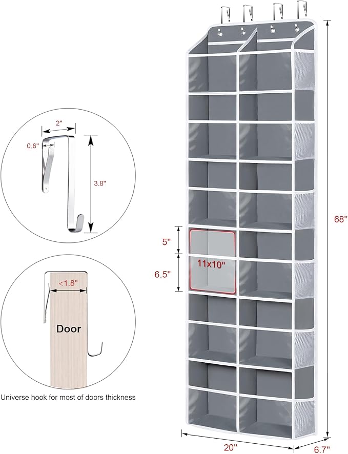 Univivi Over the Door Organizer, 6 Tiers Behind Door Storage with Clear Deep Pockets Hanging Organizer for Closet, Bedroom, N