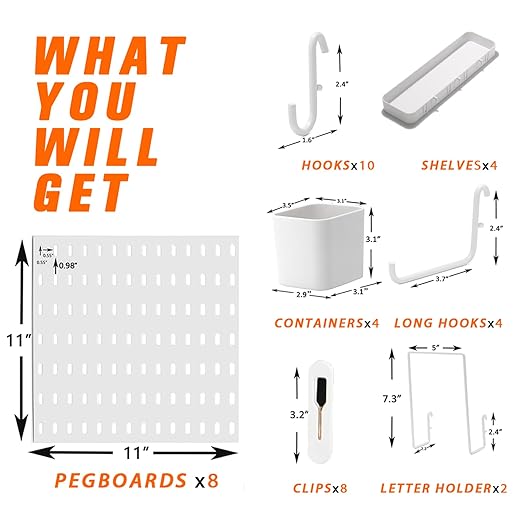 Pegboard Combination Kit, 8 Peg Boards and 30 Accessories Modular Hanging Black Pegboard for Walls, Office Wall Organizer, Ke