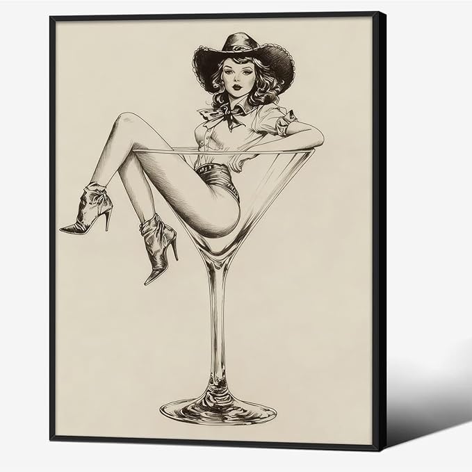 Vintage Western Black Framed Wall Art Coquette Cowgirl Martini Posters Prints 12x16 in Retro Bar Cart Cocktail Artwork Aesthe