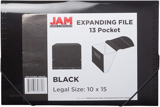 JAM PAPER Accordion Folders - 13 Pocket Plastic Expanding File - Legal Size - 10 x 15 - Black - Sold Individually
