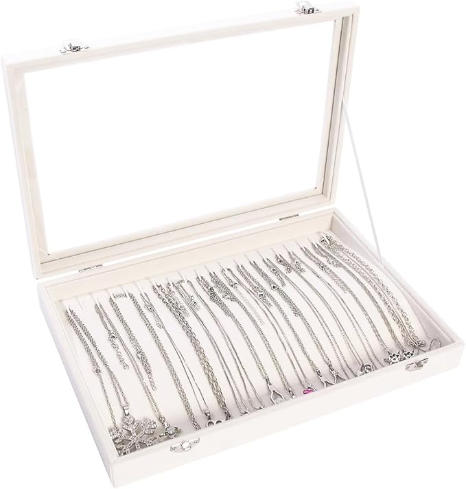 Coward 20 Hooks Necklace Organizer Jewelry Box, Dustproof Necklace Display Holder Case, Beige Velvet Necklace Display Tray Ca