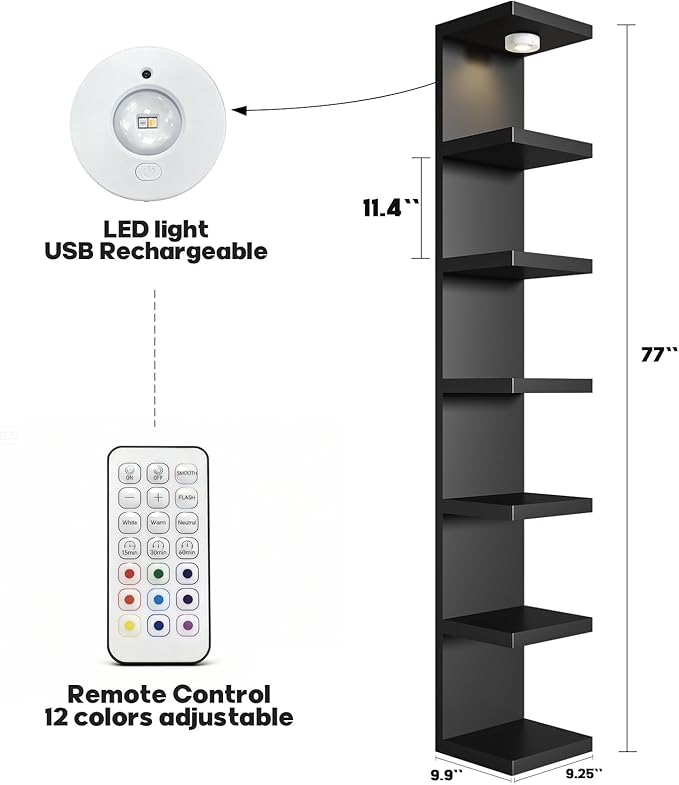 7-Tier Vertical Wall Shelf Unit with USB Rechargeable Led Light (Remote Controlled),Versatile Floating Display Shelves,Lack S