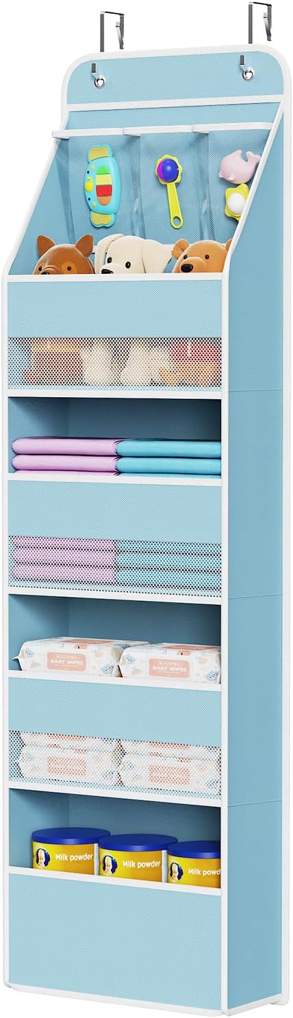Univivi 5-Shelf Fabric Door Storage Over Door Hanging Organizer with 4 Large Pockets and 3 Small PVC Pockets Nursery Closet C
