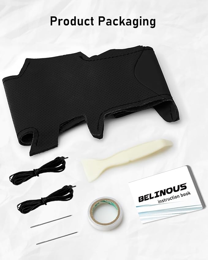 Belinous Leather Steering Wheel Cover Lace Up, Hand-Stitch on Wrap, Steering Wrap Compatible with Ford 2016 2017 2018 2019 F150 Raptor (Black)