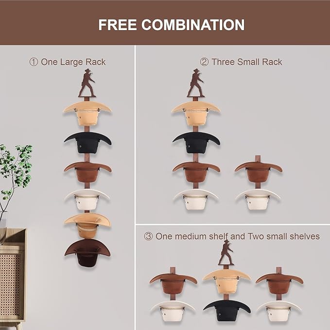 Cowboy Hat Rack Holder for Wall - Wild Western Style Design Hat Organizer with 6 Hat Hooks for Wall Mount, Hat Stand and Hang
