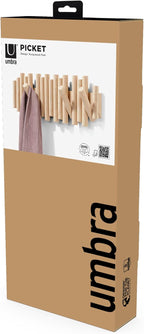 Umbra Picket Wall-Mounted Coat Rack Rail Hook with 5 Retractable Wood Pegs – Modern, Space-Saving Storage Organizer, Natural 