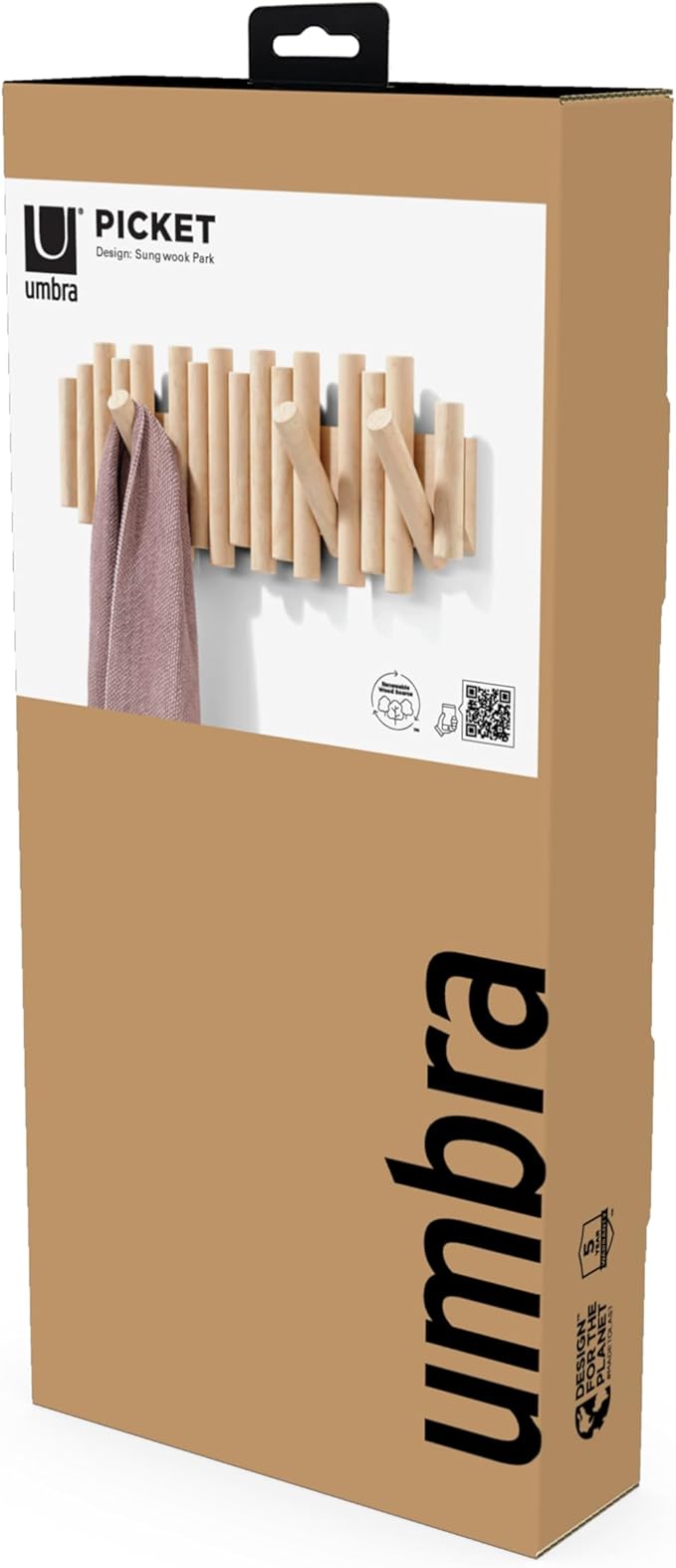 Umbra Picket Wall-Mounted Coat Rack Rail Hook with 5 Retractable Wood Pegs – Modern, Space-Saving Storage Organizer, Natural 
