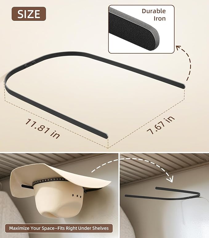 4 Pack Cowboy Hat Rack for Wall, Metal Cowboy Hat Holder Wall Mounted, Hat Hanger for Wide Brim, Fedora, Baseball Caps, Rusti