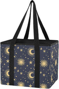 Sinestour Space Moons Stars Black pattern Reusable Foldable Grocery Tote Bag Heavy Duty Shopping Storage Bag with Reinforced 