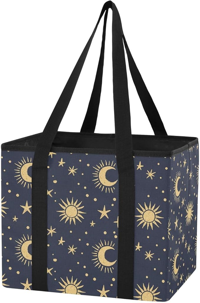 Sinestour Space Moons Stars Black pattern Reusable Foldable Grocery Tote Bag Heavy Duty Shopping Storage Bag with Reinforced 