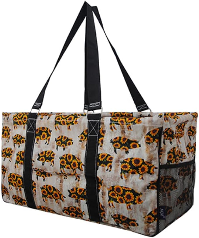 NGIL Extra Large Utility Tote Reusable Grocery Bag Oversized Collapsible for Groceries, Storage, Picnic, Beach (Sunflower Pig-black)