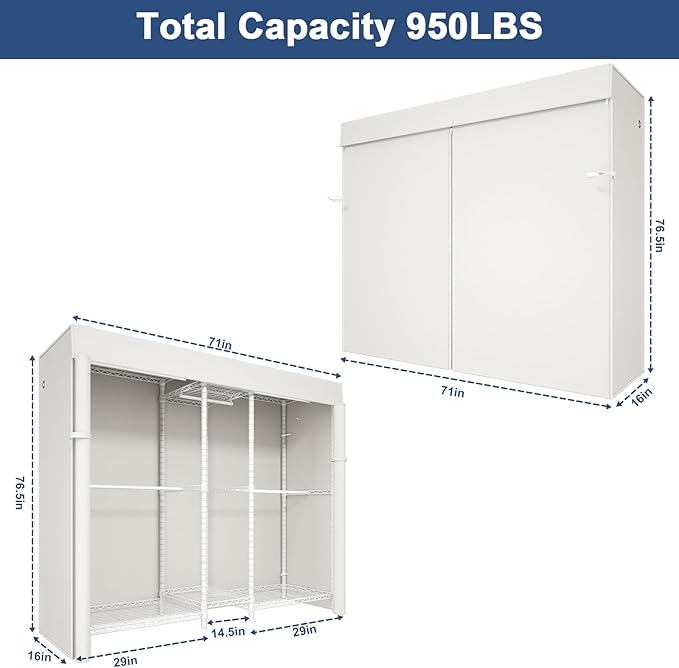 Ulif E12C Pro Heavy Duty Closet Organizer System，Freestanding Clothing Racks for Hanging Clothes，Adjustable Garment Rack 71"W