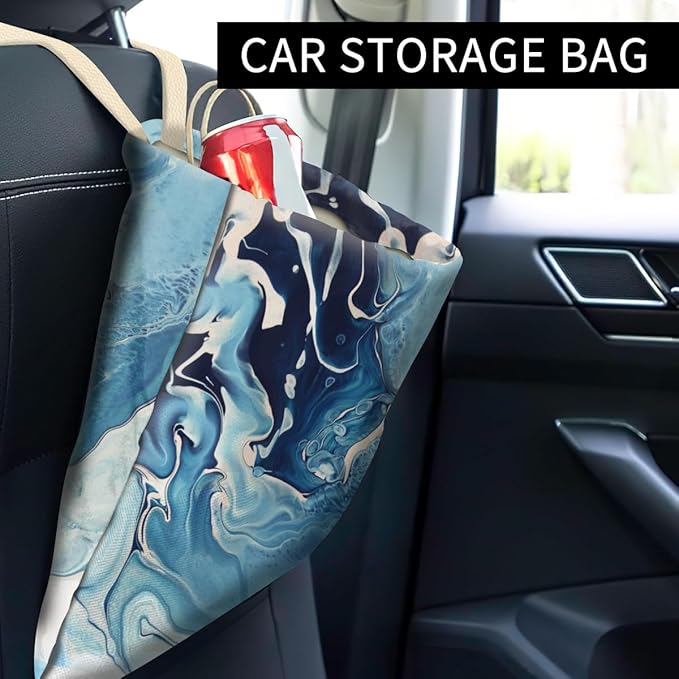 Car Trash Can, Cute Car Trash Bag, Hanging Car Organizer and Storage Bag, Trash Bin for Car Accessories, Vehicle, Travelling, Camping Luxury Blue White Marble