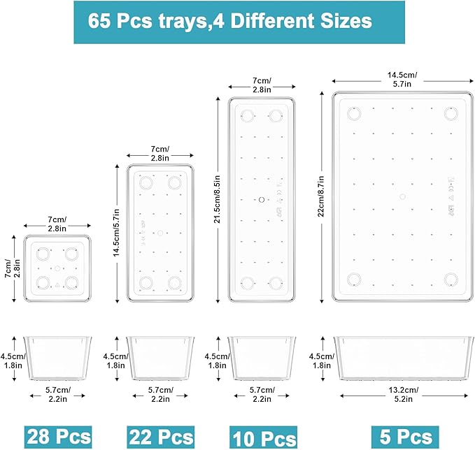 Manalete Drawer Organizers Set of 65, 4 Sizes Clear Plastic Drawer Organizers and Storage Bins for Kitchen, Bathroom, Office,