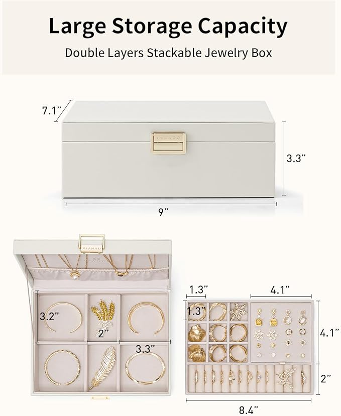 VLANDO Jewelry Box for Women, Gift for Women Girls,2 Layer Jewelry Box,Large Jewelry Organizer for Women Removable Jewelery T
