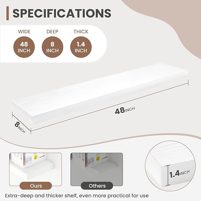 48 Inch Floating Shelves, 8 Inch Deep Floating Shelves for Wall, Hanging Shelf with Invisible Brackets, Deep Shelves for Bath