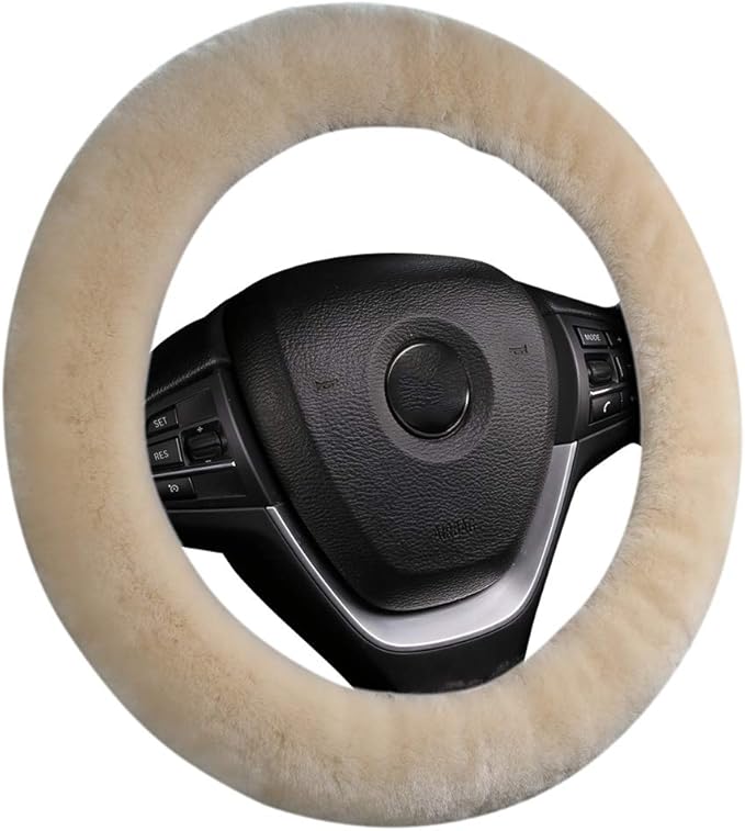 Soft Fluffy Warm Genuine Sheepskin Car Steering Wheel Cover, Fuzzy Fur Wool Protector for Winter Universal Car 14 1/2inch-15 