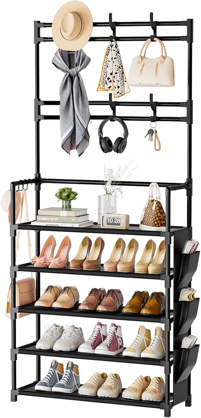 Shoe Rack 5 Tier Shoe Organizer Storage 15-20 Pairs Shoes Rack for Closet Entrance Shoe Rack Organizer with Hooks and Side Po