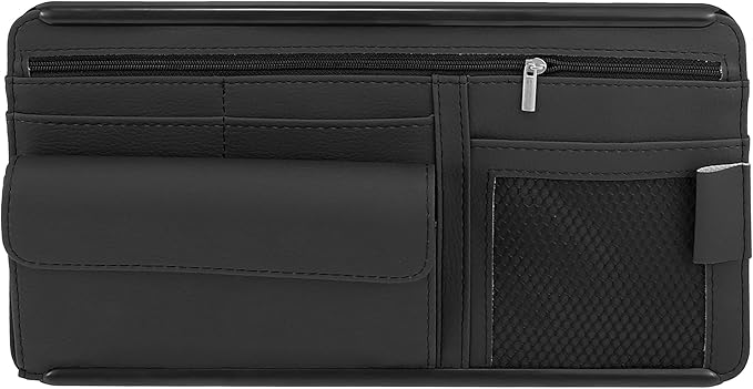 X AUTOHAUX Black Universal Car Sun Visor Organizer Sunglasses Case Storage Pocket Hook and Loop Tape ABS PU Leather for SUV RV Truck