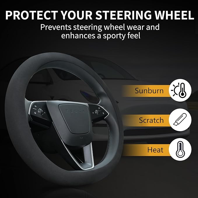 Suede Steering Wheel Cover for Tesla Model 3/Y 2016-2025 2026 Juniper/Highland, Non-Slip Breathable Tesla Model 3/Y Steering Wheel Protector, Black