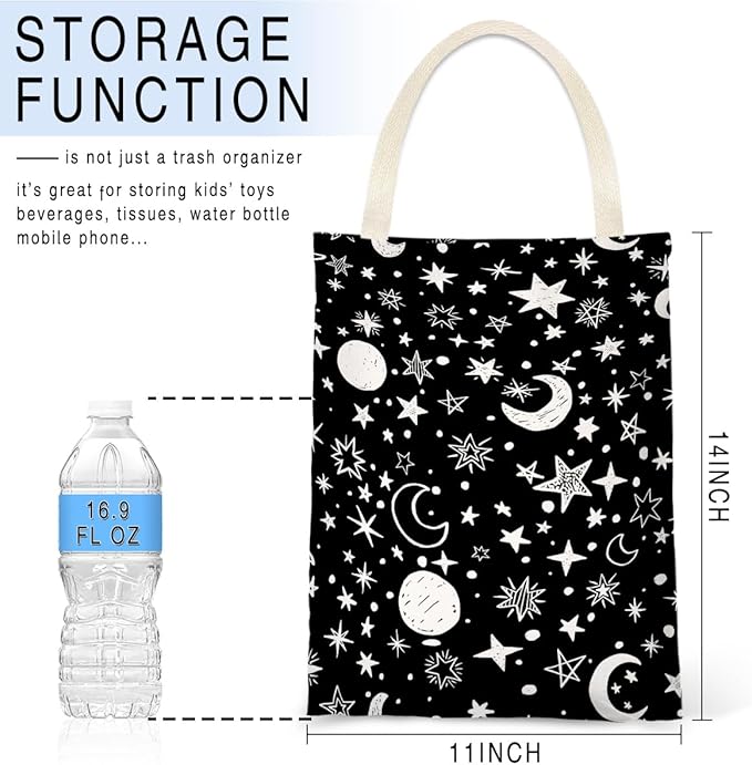 IRADA Car Trash Bag Hanging No Snap Small Garbage Bag for Car Back Seat Cute Printed One-Handed Strap Trash Bags Car Accessories-Moon and Star Black Car Trash Bags