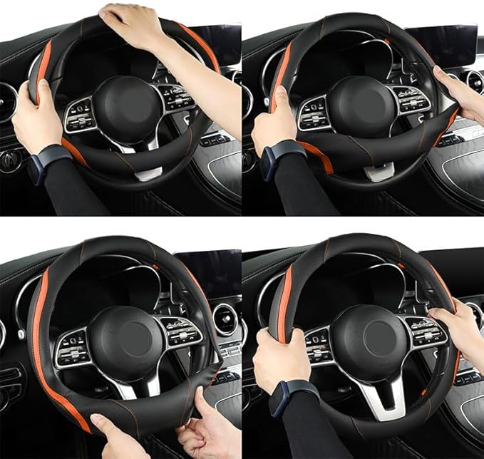 Car Steering Wheel Cover, Leather Steering Wheel Cover Orange Universal 14.5-15 Inch Microfiber Leather Anti-Slip Breathable 