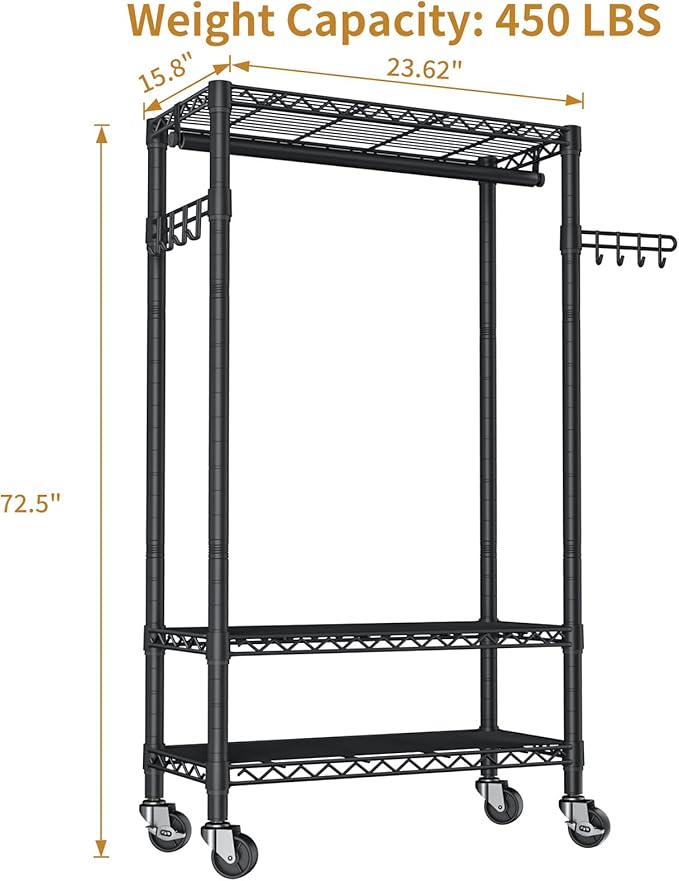 Heavy Duty Clothes Rack Rolling Garment Rack,3 Tier Adjustable Wire Shelving Clothing Racks for Hanging Clothes with Hanger R