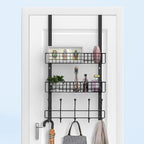 Coat Rack, Over The Door Hanger with Mesh Basket, Detachable Storage Shelf for Towels, Hats, Handbags, Coats (Black-2 Baskets
