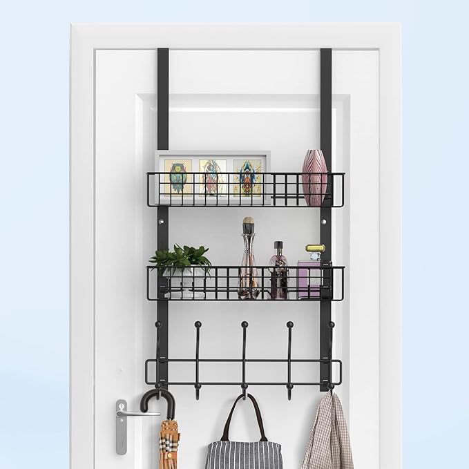 Coat Rack, Over The Door Hanger with Mesh Basket, Detachable Storage Shelf for Towels, Hats, Handbags, Coats (Black-2 Baskets