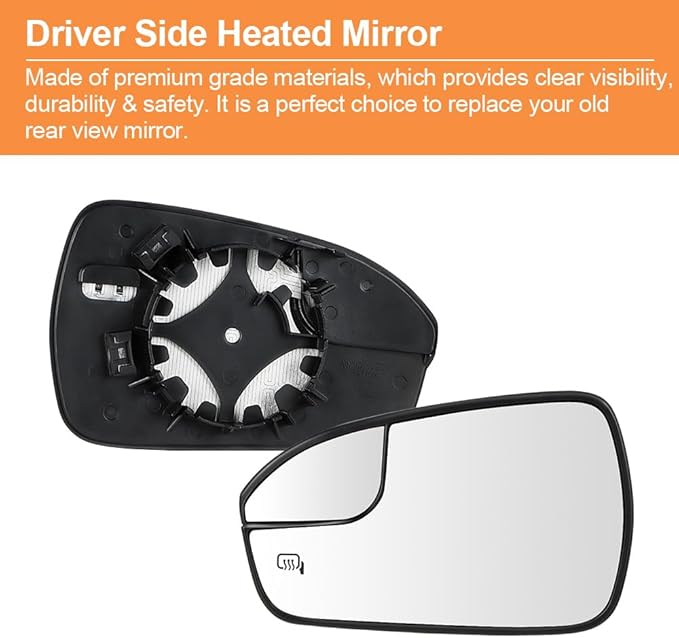 Senzeal Driver Side Heated Mirror Glass Replacement with Blind Spot mirror for Ford Fusion 2013 2014 2015 2016 2017 2018 2019 2020 DS7Z17K707F (Left Side)