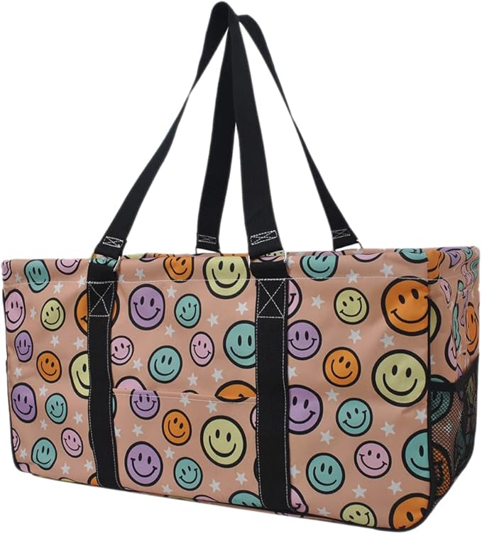 NGIL Extra Large Utility Tote Reusable Grocery Bag Oversized Collapsible for Groceries, Storage, Picnic, Beach (Smile Vibes- Black)