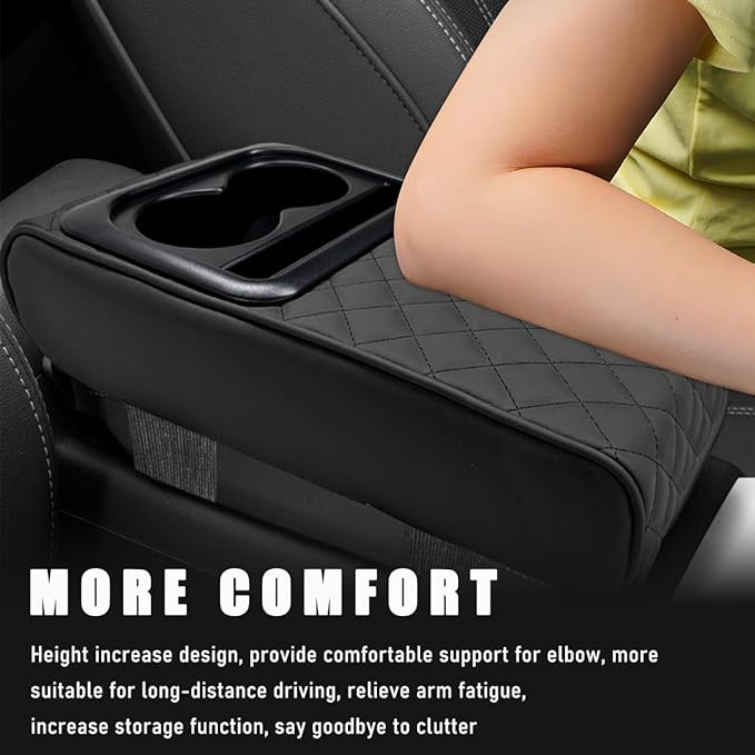 Car Center Console Armrest Pillow, Waterproof Car Armrest Cover Cushion with Cup and Phone Holder, Memory Foam Arm Rest Box Protector for Most Vehicles, Car Accessories (Black)
