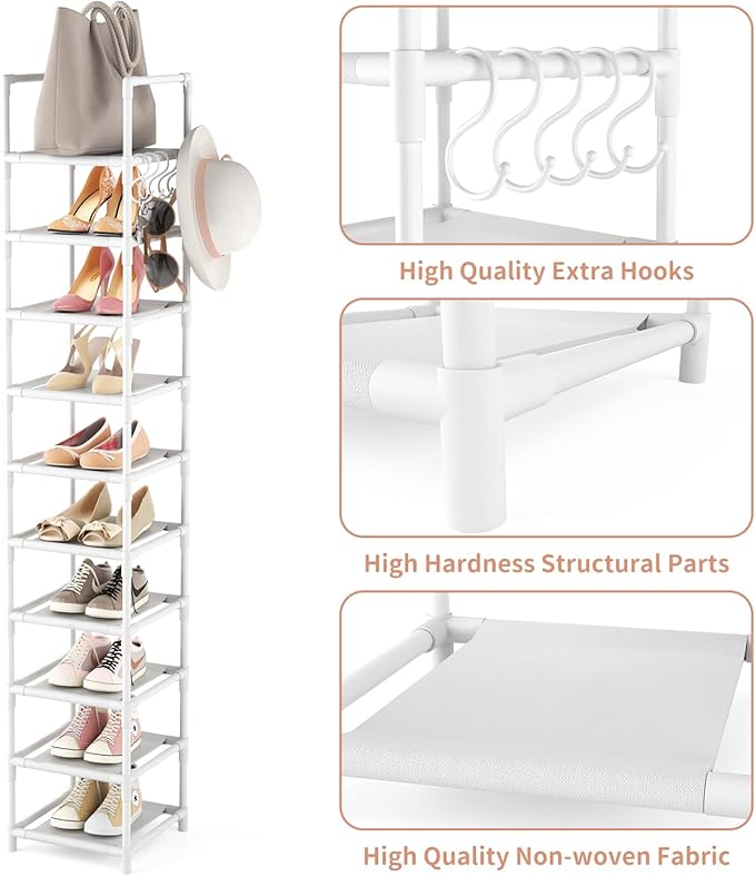 LANTEFUL Tall Narrow Shoe Rack 10-Tier Skinny Shoe Shelf Storage for 10-15 Pairs Shoes and Boots, Space Saving Corner Shoe Ra