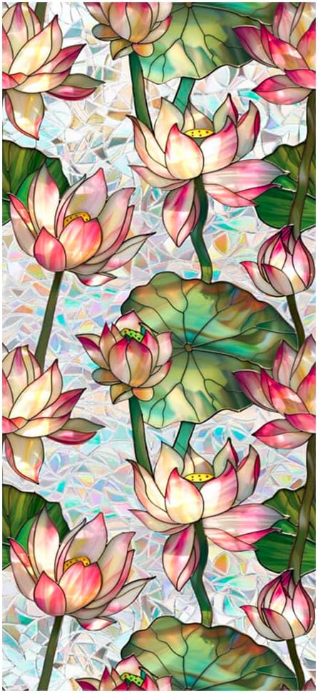 JOONOR Retro Lotus Flowers Window Privacy Film,Stained Glass Decals Colorful Floral Privacy Rainbow Decals Living Room Sun Blocking Decor Removable Static Cling Stickers,16.93 x 39.37 Inch