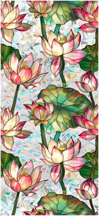 JOONOR Retro Lotus Flowers Window Privacy Film,Stained Glass Decals Colorful Floral Privacy Rainbow Decals Living Room Sun Blocking Decor Removable Static Cling Stickers,16.93 x 39.37 Inch