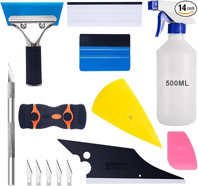 Car Window Tint Application Tools Kit, Car Vinyl Wrap Tool Window Tint Squeegees Set with with Spray Bottle Scraper Knife, Glass Protective Film Installing Tool for Automotive & Home (14PCS)