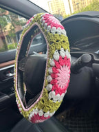 Crochet Sunflower Car Steering Wheel Covers Universal 14-15 inch for Women/Men (A,Steering Wheel Cover)