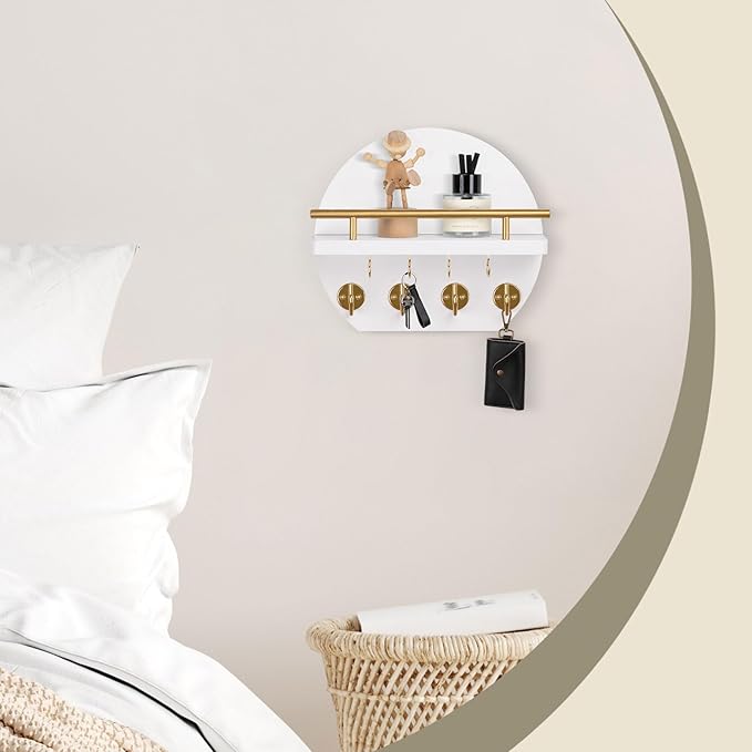 Nekon Key Holder for Wall - 9.8 Inch Apartment Wall Decor with Shelf and 8 Key Hooks, Circular Wood Key Hanger for Home Decor