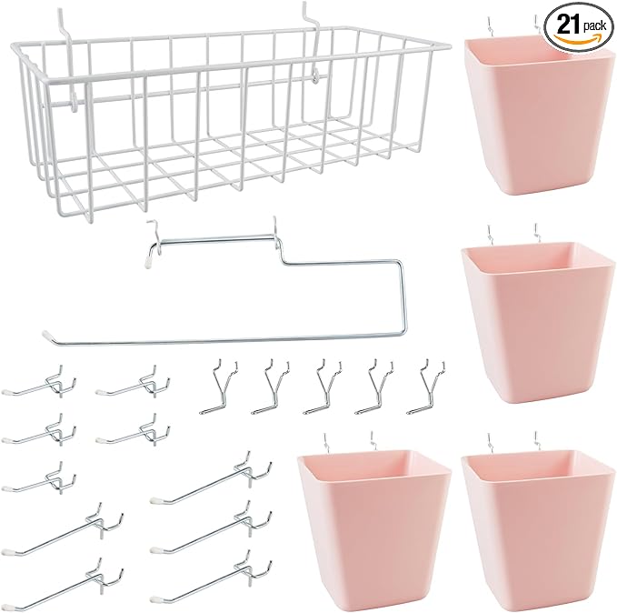 G.CORE Peg Board Organizer 21 Pack, Pegboard Accessories with Baskets Cups Hooks - 1/8" & 1/4" Peg Board Wall Tool Organizers
