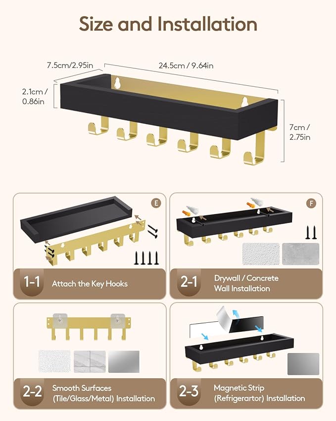 Key Holder Wall Mount Adhesive Magnetic - Hanging Key Hooks with Tray for Wallet House Accessories - Keys Hanger Rack with Sh